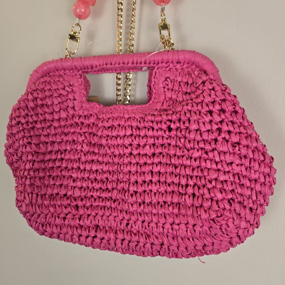 Hot Pink Woven Raffia Handbag Cross Body Chain NEW 12x7" Tropical Resort Coquett - Picture 4 of 9
